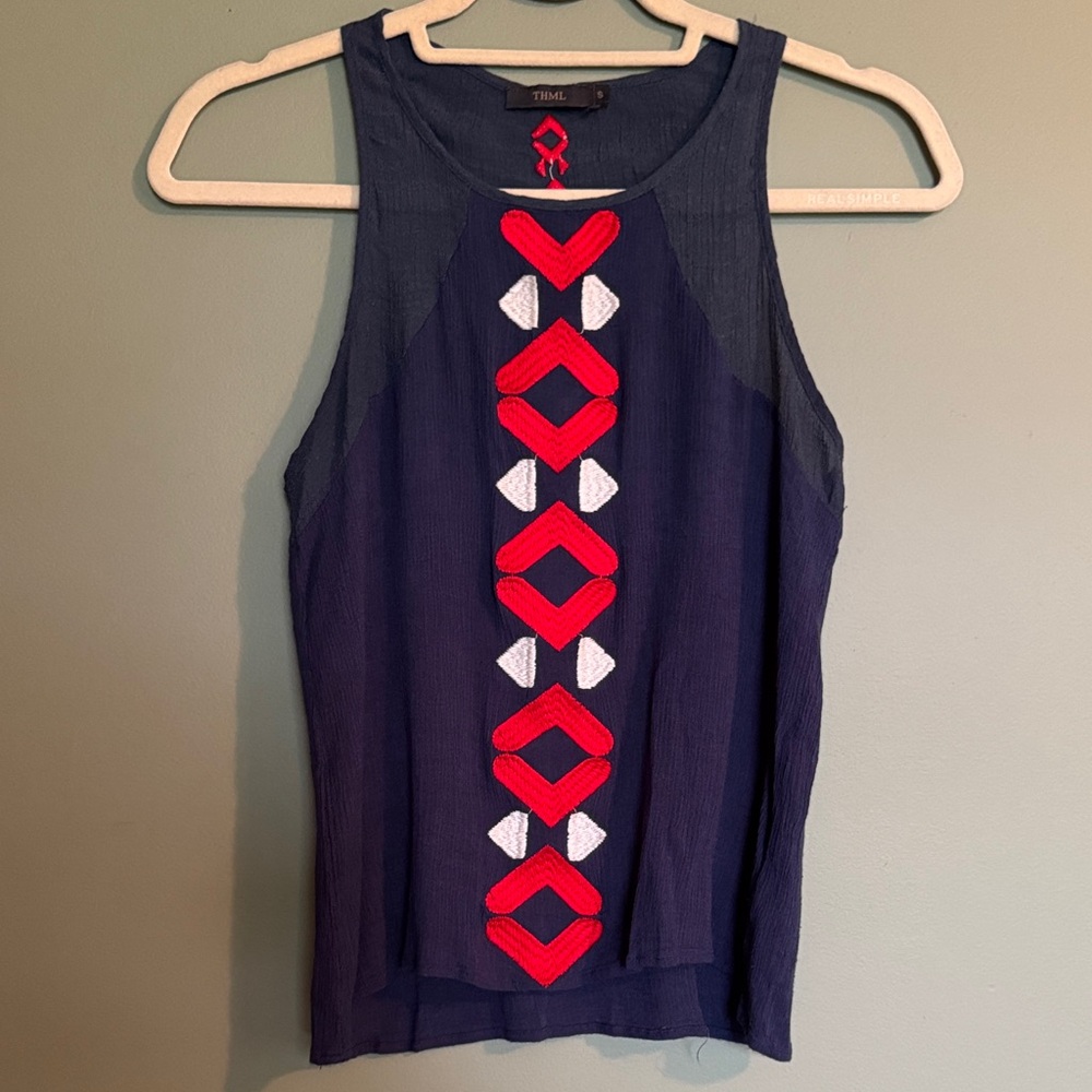 THML Navy Sleeveless Tank Top with Red & White Embroidery